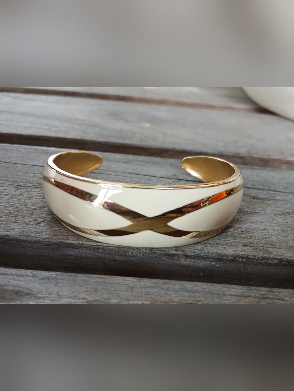 Vintage Cream and Gold Enamel Cuff Bracelet